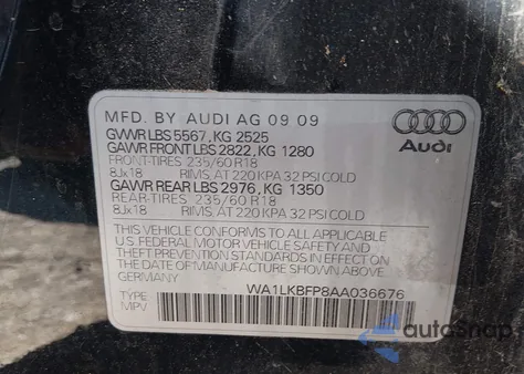 2010 Audi Q5 3.2 Premium из США, поврежденный, VIN WA1LKBFP8AA036676